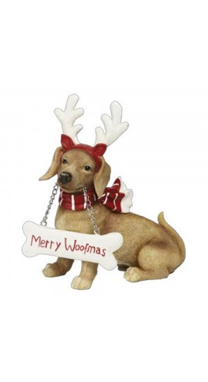  XMAS POLYRESIN DOG WITH A MERRY CHRISTMAS BONE 18X9X20CM