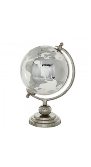  DECO SILVER GLASS WORLD GLOBE D20CM WITH METAL BASE
