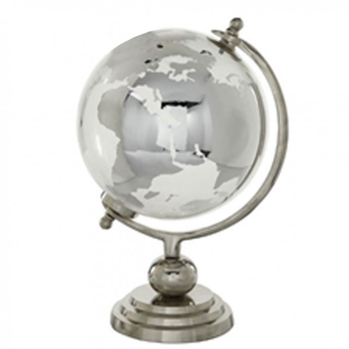  DECO SILVER GLASS WORLD GLOBE D20CM WITH METAL BASE 