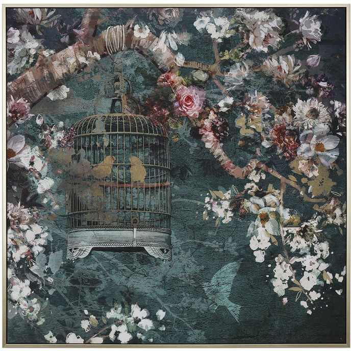  FRAMED PRINT ON CANVAS 90X90 CM BIRD CAGE HANGING ON TREE