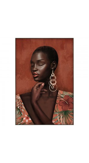  OIL PAINTING ON TOP OF PRINTED CANVAS WITH FRAME 82x122 CM AFRICAN WOMAN WITH GOLD EARRING