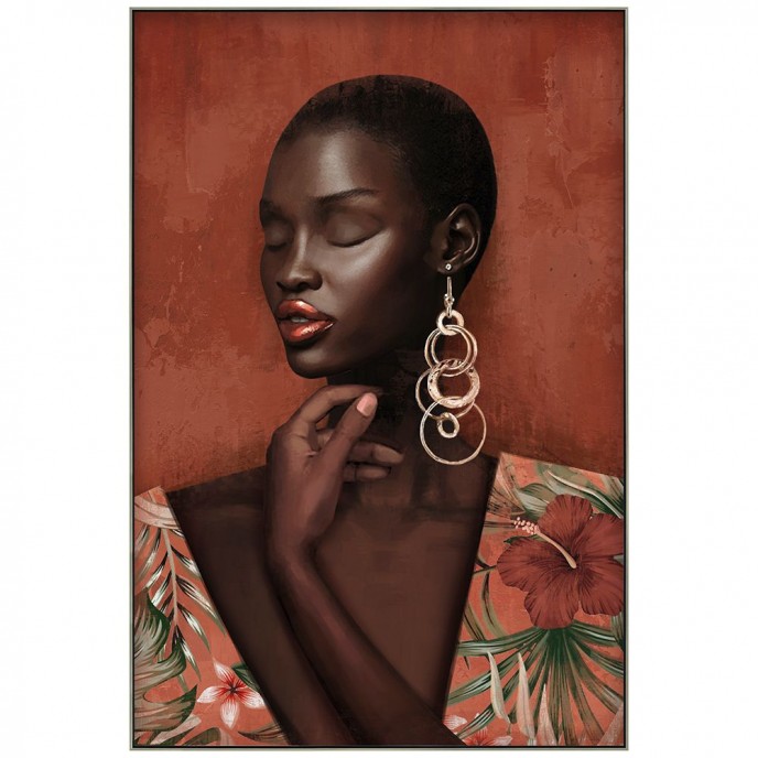  OIL PAINTING ON TOP OF PRINTED CANVAS WITH FRAME 82x122 CM AFRICAN WOMAN WITH GOLD EARRING