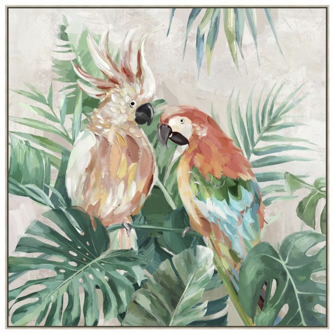  OIL PAINTING ON TOP OF PRINTED CANVAS WITH FRAME 82x82 CM PARROTS IN THE JUNGLE