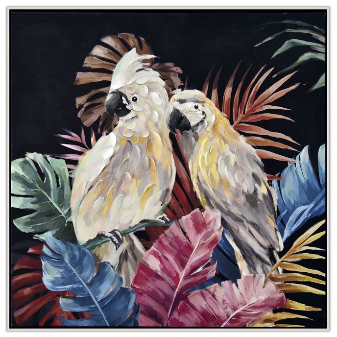  OIL PAINTING ON TOP OF PRINTED CANVAS WITH FRAME 82x82 CM PARROTS IN THE JUNGLE