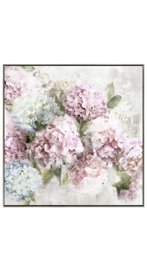  OIL PAINTING ON TOP OF PRINTED CANVAS WITH FRAME 82x82 CM PINK AND BLUE FLOWERS
