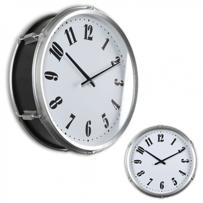  LARGE ROUND SILVER METAL WALL CLOCK DRUM 50x16CM