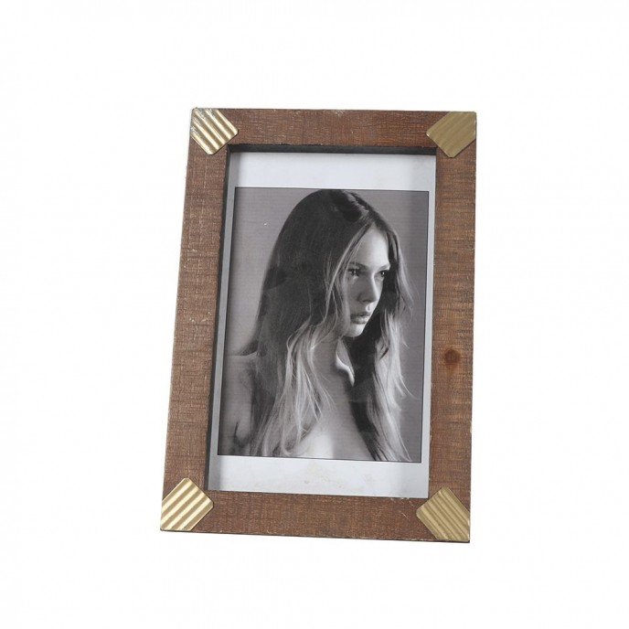  BROWN WOODEN PHOTO FRAME WITH GOLD METAL CORNERS 17x25cm