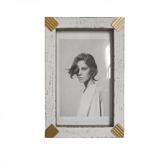  WHITE WOODEN PHOTO FRAME WITH GOLD METAL CORNERS 17x25cm