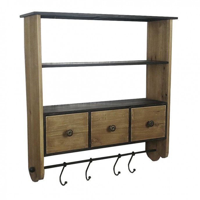  WOOD AND METAL WALL HANGER WITH 3 DRAWERS AND SHELVES 54X15X56CM