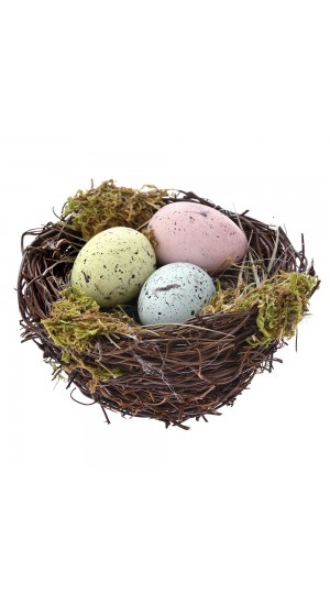 EASTER ARTIFICIAL EGGS IN NATURAL WILLOW NEST 10x10x6CM