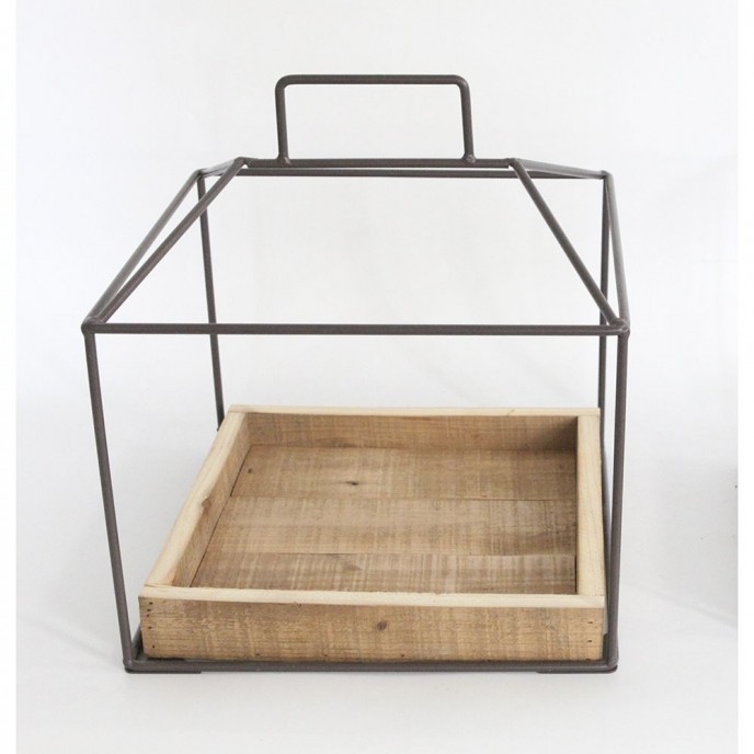  DECO BROWN METAL STAND W WOODEN TRAY 28x28x31CM 