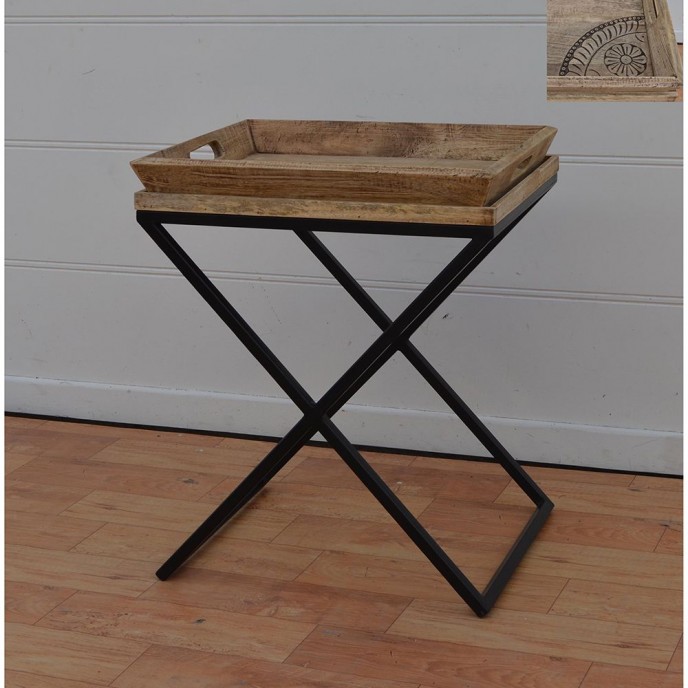  WOODEN TABLE WITH TRAY 55x45x56CM WITH METALLIC LEGS 