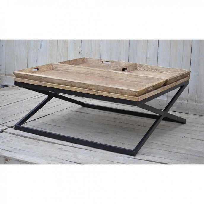  WOODEN TABLE WITH TRAY 120x120x55CM WITH METALLIC LEGS 