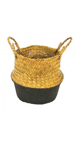  NATURAL ROUND SEAGRASS PLANTER WITH BLACK BOTTOM D17X20CM
