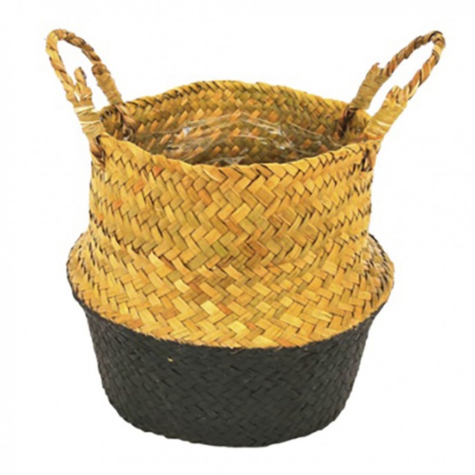  NATURAL ROUND SEAGRASS PLANTER WITH BLACK BOTTOM D17X20CM 