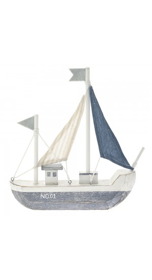  BLUE AND WHITE WOODEN SHIP 26.5x4x28CM