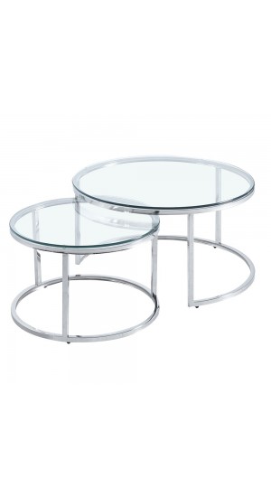  SILVER STAINLESS STEEL COFFEE TABLE SET 2 D80X45 D60X39 CM WITH CLEAR GLASS TOP