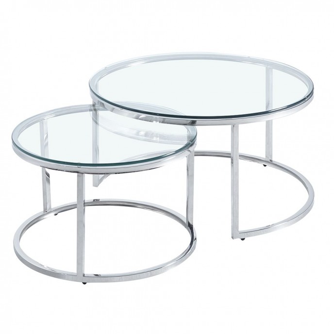  SILVER STAINLESS STEEL COFFEE TABLE SET 2 D80X45 D60X39 CM WITH CLEAR GLASS TOP 