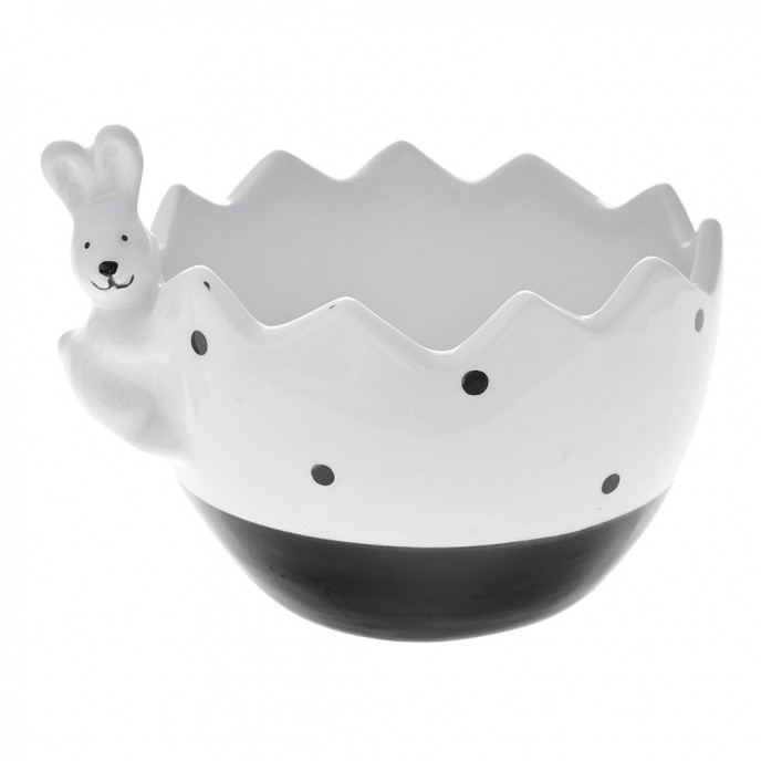  WHITE AND BLACK EASTER EGG BOWL WITH RABBIT 17X15X13 CM 