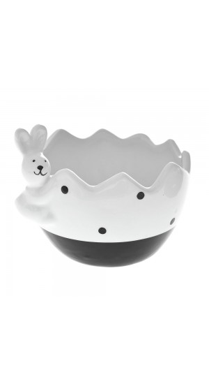  WHITE AND BLACK EASTER EGG BOWL WITH RABBIT 14X12X10 CM