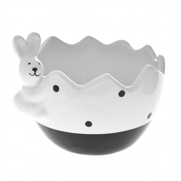  WHITE AND BLACK EASTER EGG BOWL WITH RABBIT 14X12X10 CM 