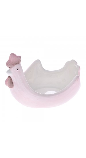  PINK AND WHITE CERAMIC CHICKEN BOWL 14X11X9 CM