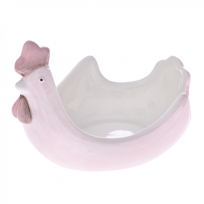  PINK AND WHITE CERAMIC CHICKEN BOWL 14X11X9 CM 