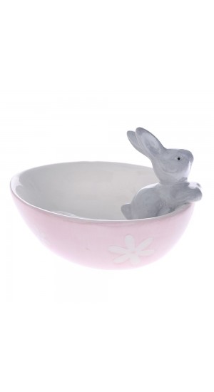  PINK CERAMIC EASTER BOWL WITH RABBIT 14X11X10 CM