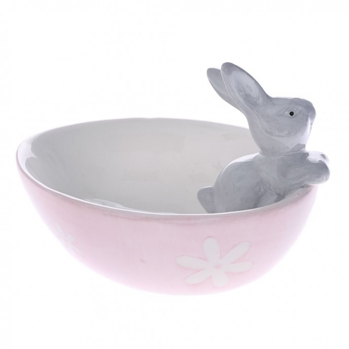  PINK CERAMIC EASTER BOWL WITH RABBIT 14X11X10 CM 