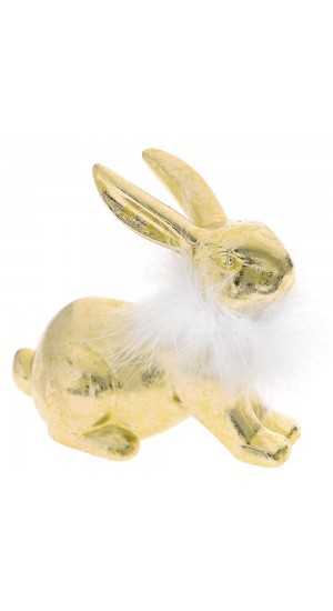  GOLD CERAMIC BUNNY 15X7X14 WITH WHITE FEATHER DECO