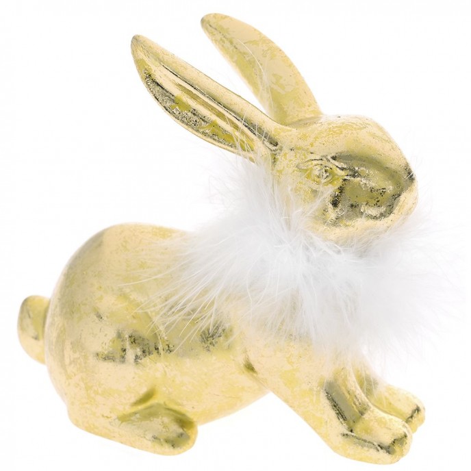  GOLD CERAMIC BUNNY 15X7X14 WITH WHITE FEATHER DECO 