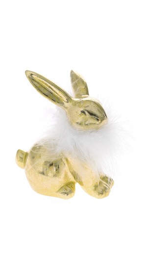 GOLD CERAMIC BUNNY 10x9x13 WITH WHITE FEATHER DECO