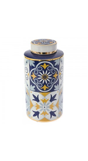  CERAMIC VASE WITH LID D 15X30 CM WITH BLUE AND GOLD DESIGNS