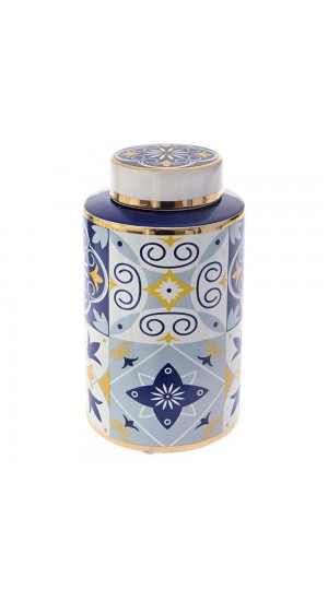  CERAMIC VASE WITH LID D 15X25 CM WITH BLUE AND GOLD DESIGNS