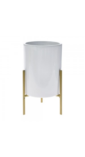  WHITE CERAMIC PLANTER WITH GOLD METAL STAND 8X8X16CM