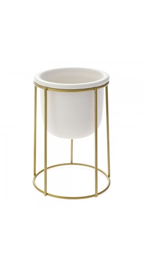  WHITE CERAMIC PLANTER WITH GOLD METAL STAND 10,5X10,5X14,5CM