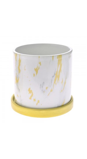  MARBLEIZED WHITE AND GOLD CERAMIC PLANTER WITH SAUCER 11,5X11,5X11CM