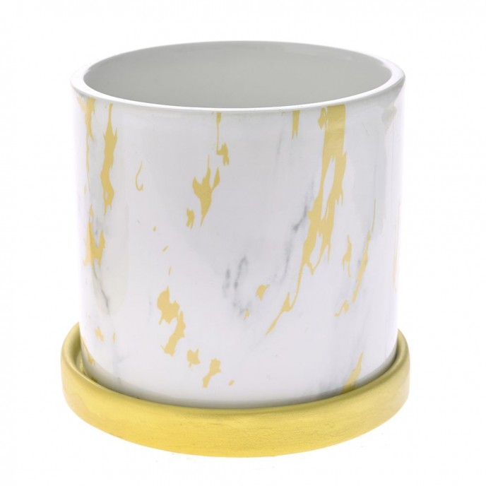  MARBLEIZED WHITE AND GOLD CERAMIC PLANTER WITH SAUCER 11,5X11,5X11CM 