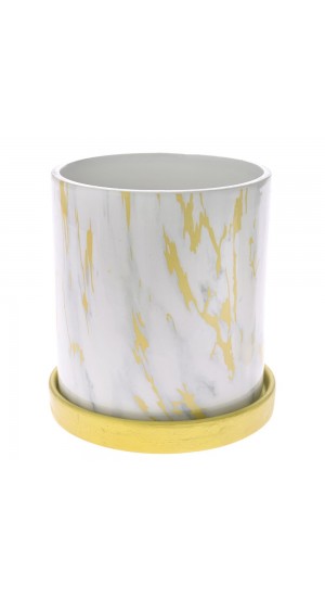  MARBLEIZED WHITE AND GOLD CERAMIC PLANTER WITH SAUCER 13,8X13,8X14,5CM