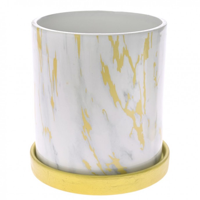  MARBLEIZED WHITE AND GOLD CERAMIC PLANTER WITH SAUCER 13,8X13,8X14,5CM 