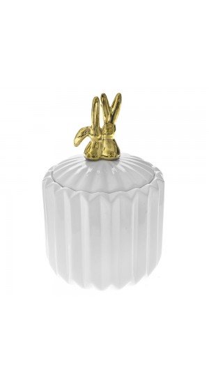  WHITE CERAMIC CANISTER12X12X18CM WITH GOLD RABBIT