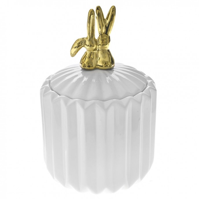  WHITE CERAMIC CANISTER12X12X18CM WITH GOLD RABBIT 