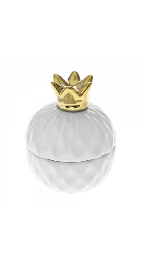  WHITE CERAMIC CANISTER WITH GOLD CROWN 8X8X10CM