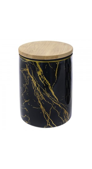  MARBLEIZED BLACK AND GOLD CERAMIC CANISTER WITH BAMBOO LID 10XX10X14CM