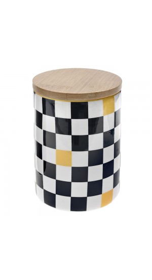 BLACK AND WHITE CERAMIC CANISTER WITH BAMBOO LID 10XX10X14CM