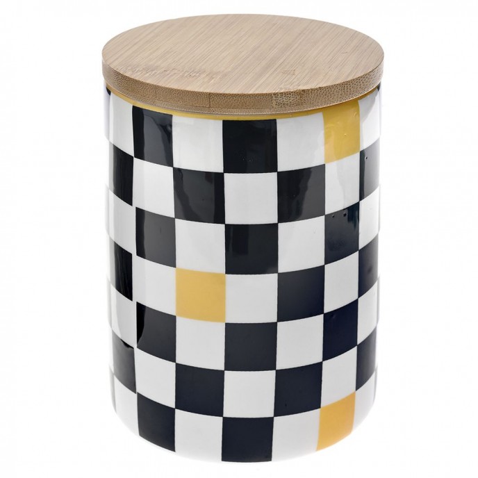  BLACK AND WHITE CERAMIC CANISTER WITH BAMBOO LID 10XX10X14CM 