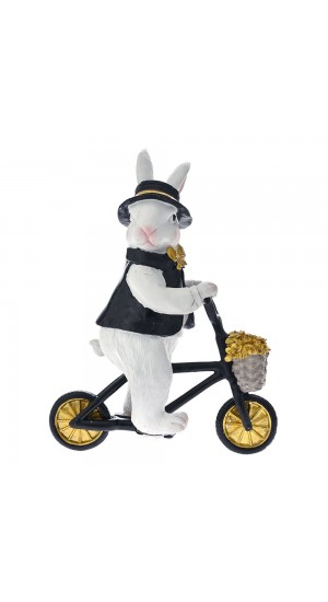  EASTER BLACK AND WHITE POLYRESIN BUNNY ON BIKE 15X24X33CM
