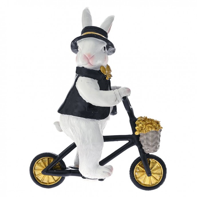  EASTER BLACK AND WHITE POLYRESIN BUNNY ON BIKE 15X24X33CM 