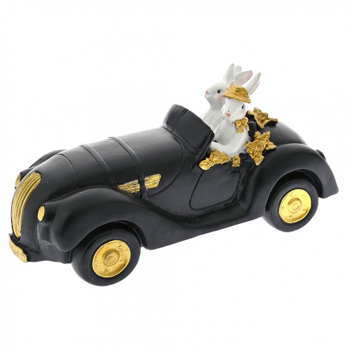  EASTER BLACK AND WHITE POLYRESIN BUNNY RIDING A CAR 23X8X12CM 