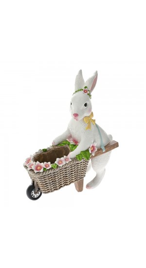  EASTER WHITE POLYRESIN BUNNY PUSHING A TROLLEY 18X8X20CM